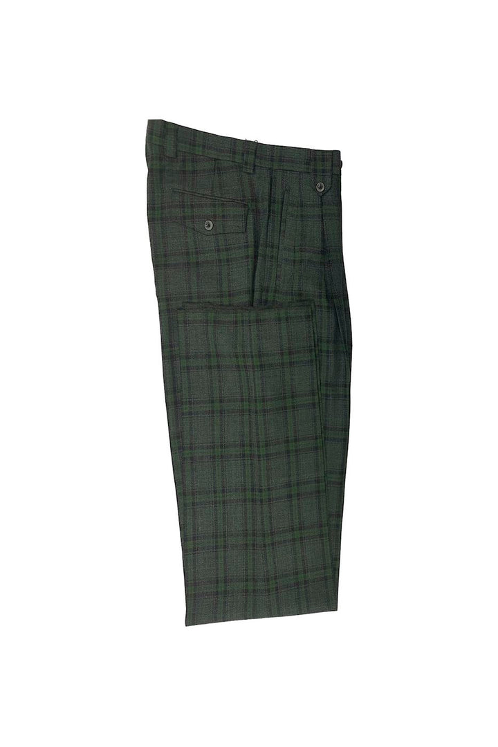 The Tiglio Luxe Sage Green with Charcoal Gray Windowpane Wide Leg Wool Dress Pants 2576 TLS20049/1 are neatly folded, highlighting their buttoned back pockets, and are expertly crafted from extra fine wool.