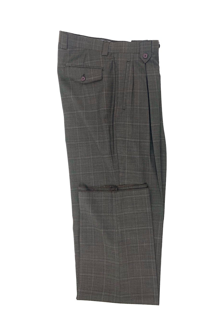 Tiglio Luxe's Brown Windowpane Wide Leg Wool Dress Pant 2576 TLS20060/1 offers a comfortable fit, made from extra fine wool with pleats and buttoned pockets on a white background.