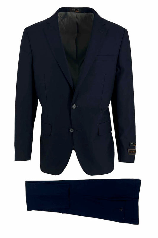 The Tiglio Luxe New Blue Novello TIG1036 is a modern fit pure wool men's suit featuring a single-breasted, two-button blazer and matching trousers, shown on a white background.