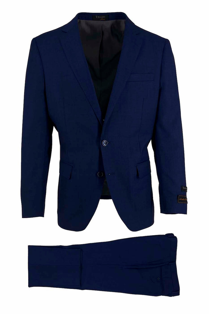 The Tiglio Luxe New Blue Novello Modern Fit Men’s Suit TS4066/2 is crafted from pure wool, featuring a single-breasted blazer and matching trousers, displayed on a white background.