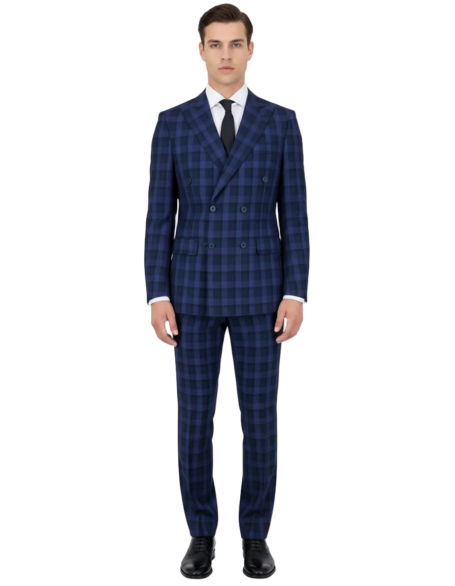 Tiglio Luxe Blue and Black Plaid Pistoia Modern Fit Pure Wool Men’s Suit TL7501, featuring a double-breasted jacket and matching trousers, exemplifies the refinement of luxury men’s clothing by Tiglio Luxe; displayed on a white background.