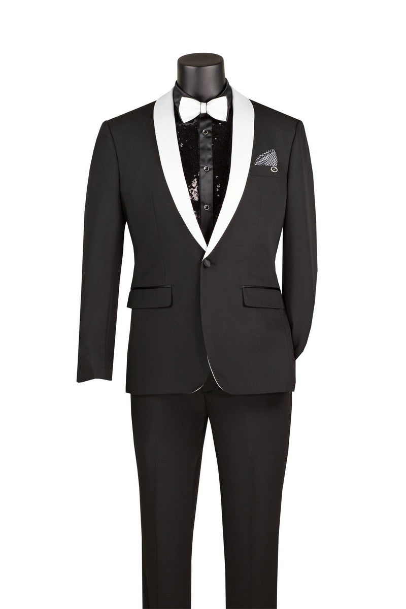 Slim Fit 2 Piece Stretch Fabric Suit Black TSS-2 by Vinci Suits, styled with a sequin shirt, black & white bow tie, and pocket square on a mannequin.