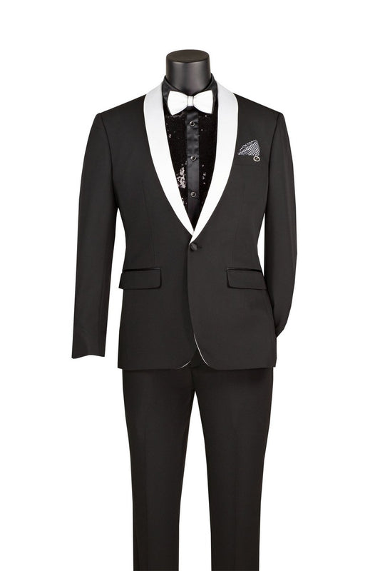 Slim Fit 2 Piece Stretch Fabric Suit Black TSS-2 by Vinci Suits, styled with a sequin shirt, black & white bow tie, and pocket square on a mannequin.