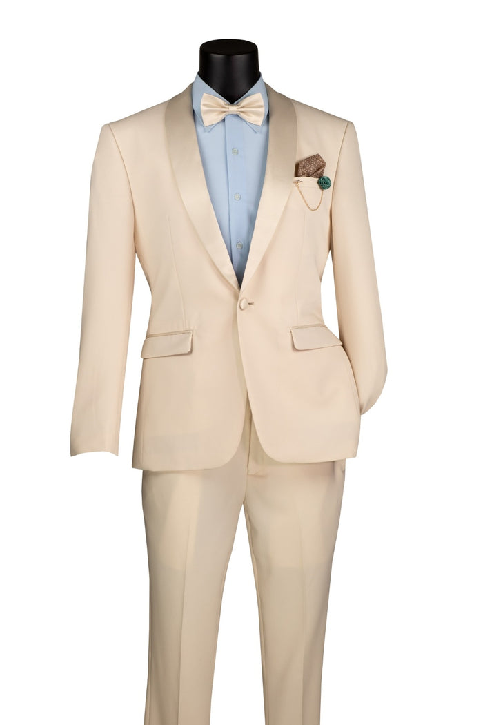 Slim Fit 2 Piece Stretch Fabric Suit Champagne TSS-2 by Vinci Suits with matching bow tie, light blue shirt, and pocket square on black mannequin against white background.