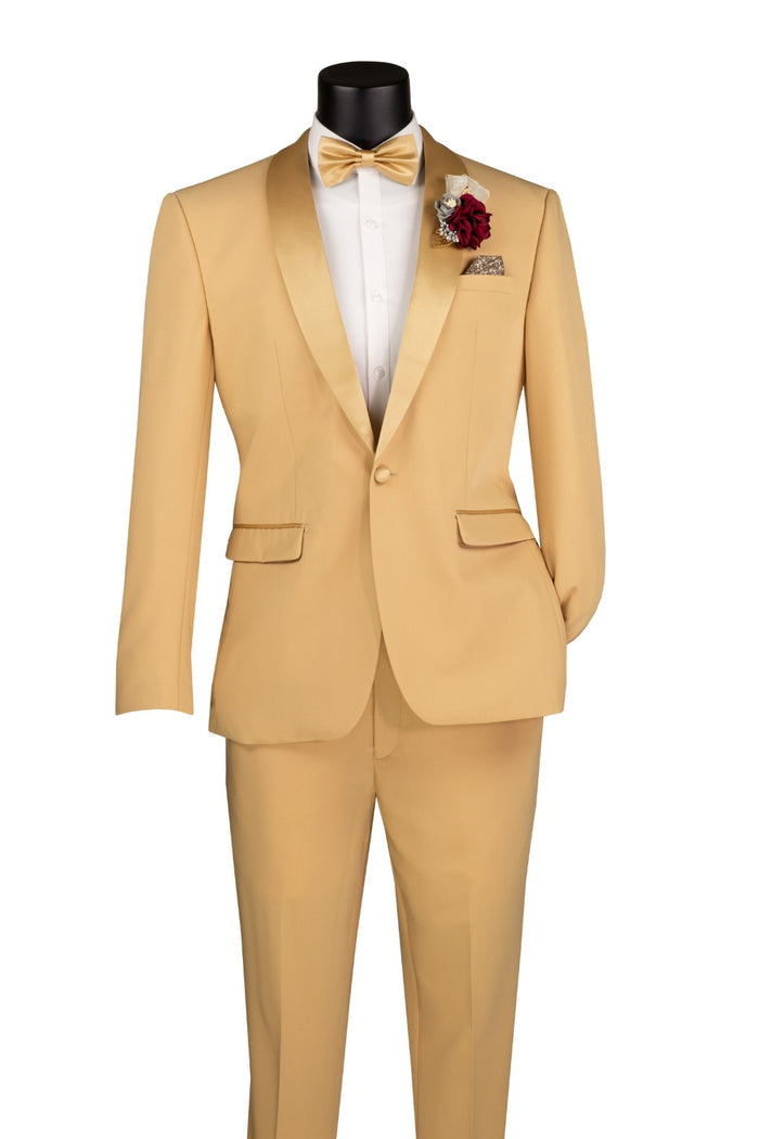 The Vinci Suits Slim Fit 2 Piece Stretch Fabric Suit Light Gold TSS-2, with white shirt, bow tie, pocket square, and boutonniere, is displayed on a mannequin.