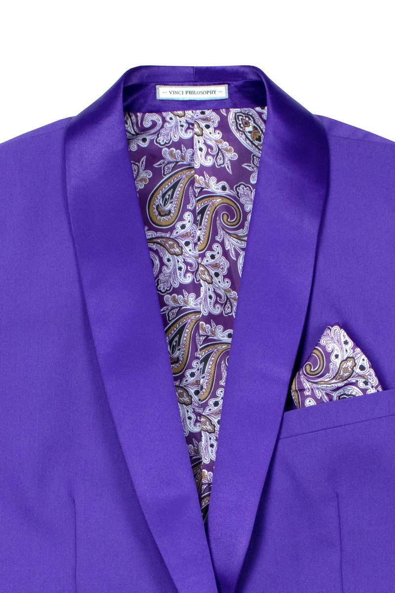 A mannequin showcases the Slim Fit 2 Piece Stretch Fabric Suit Royal Purple TSS-2 by Vinci Suits, styled with a matching bow tie, patterned pocket square, and gold lapel chain over a white shirt.