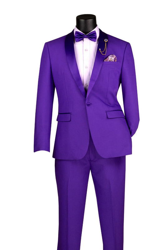 A mannequin showcases the Slim Fit 2 Piece Stretch Fabric Suit Royal Purple TSS-2 by Vinci Suits, styled with a matching bow tie, patterned pocket square, and gold lapel chain over a white shirt.