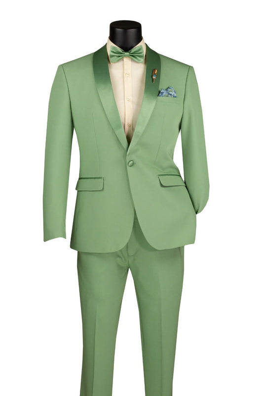 A mannequin dressed in the Slim Fit 2 Piece Stretch Fabric Suit Sage TSS-2 by Vinci Suits with matching bow tie, cream shirt, blue pocket square, and lapel pin.