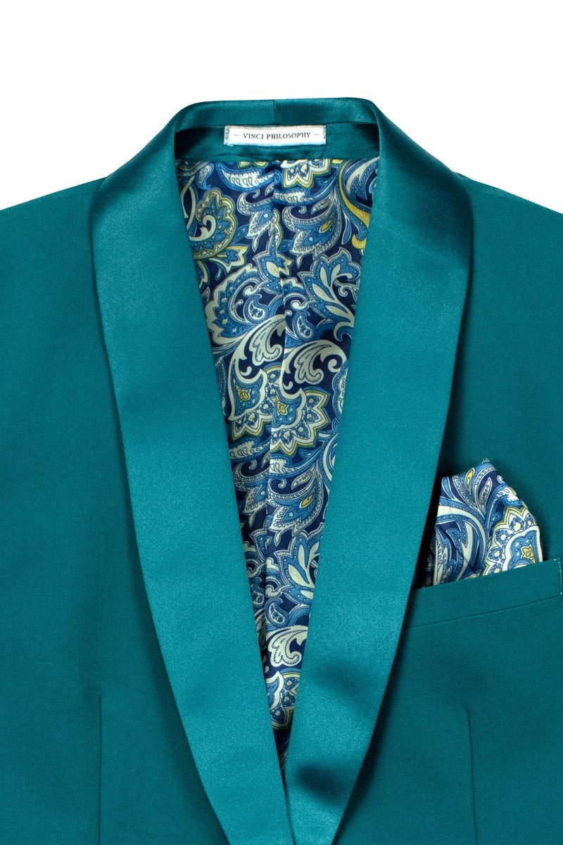 Slim Fit 2 Piece Stretch Fabric Suit Teal TSS-2 by Vinci Suits styled with white shirt, teal bow tie, gold chain, and yellow boutonniere on a black mannequin.