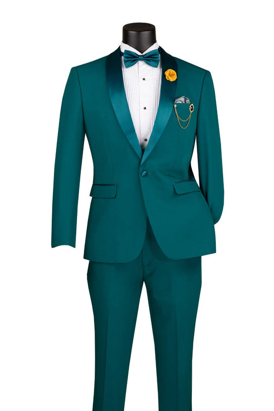 Slim Fit 2 Piece Stretch Fabric Suit Teal TSS-2 by Vinci Suits styled with white shirt, teal bow tie, gold chain, and yellow boutonniere on a black mannequin.