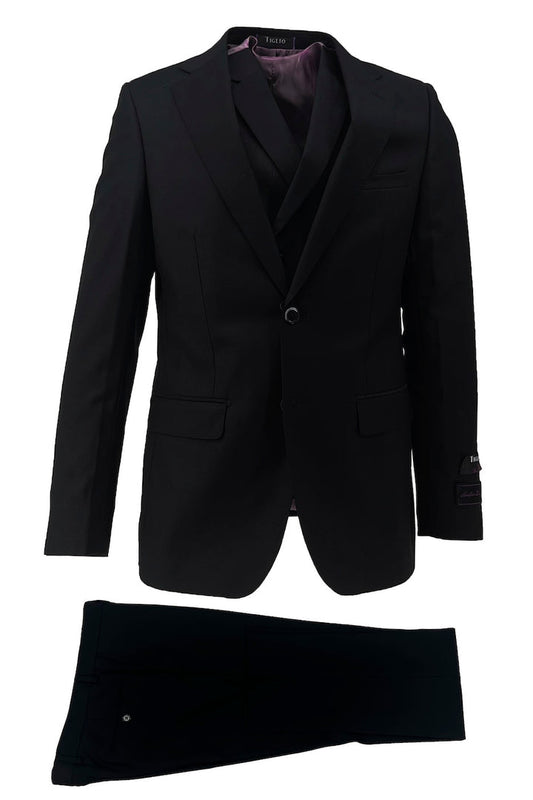 The Tiglio Luxe Black Porto Slim Fit, Pure Wool Suit and Vest TIG1001 features a single-breasted jacket, matching waistcoat, and trousers. This luxury men's suit by Tiglio Luxe is shown on a white background.