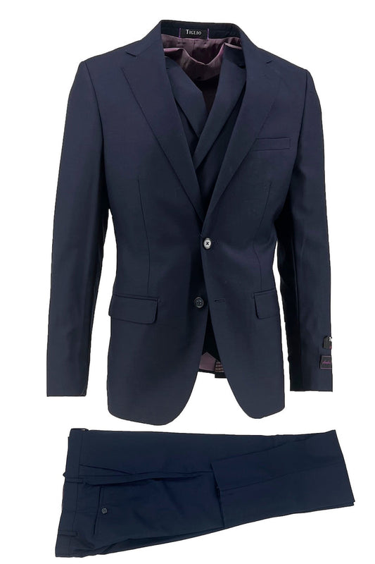The Tiglio Luxe New Blue Porto Slim Fit Pure Wool Suit and Vest TIG1036 for men—a European-styled, dark navy suit with jacket, vest, and trousers by Tiglio Luxe—is shown on a white background.