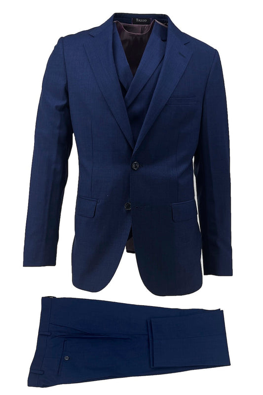 The Tiglio Luxe New Blue Porto Slim Fit Pure Wool Suit and Vest TS4066/2 showcases luxury men's wear, with a blazer, waistcoat, and trousers by Tiglio Luxe, elegantly displayed on a white background.