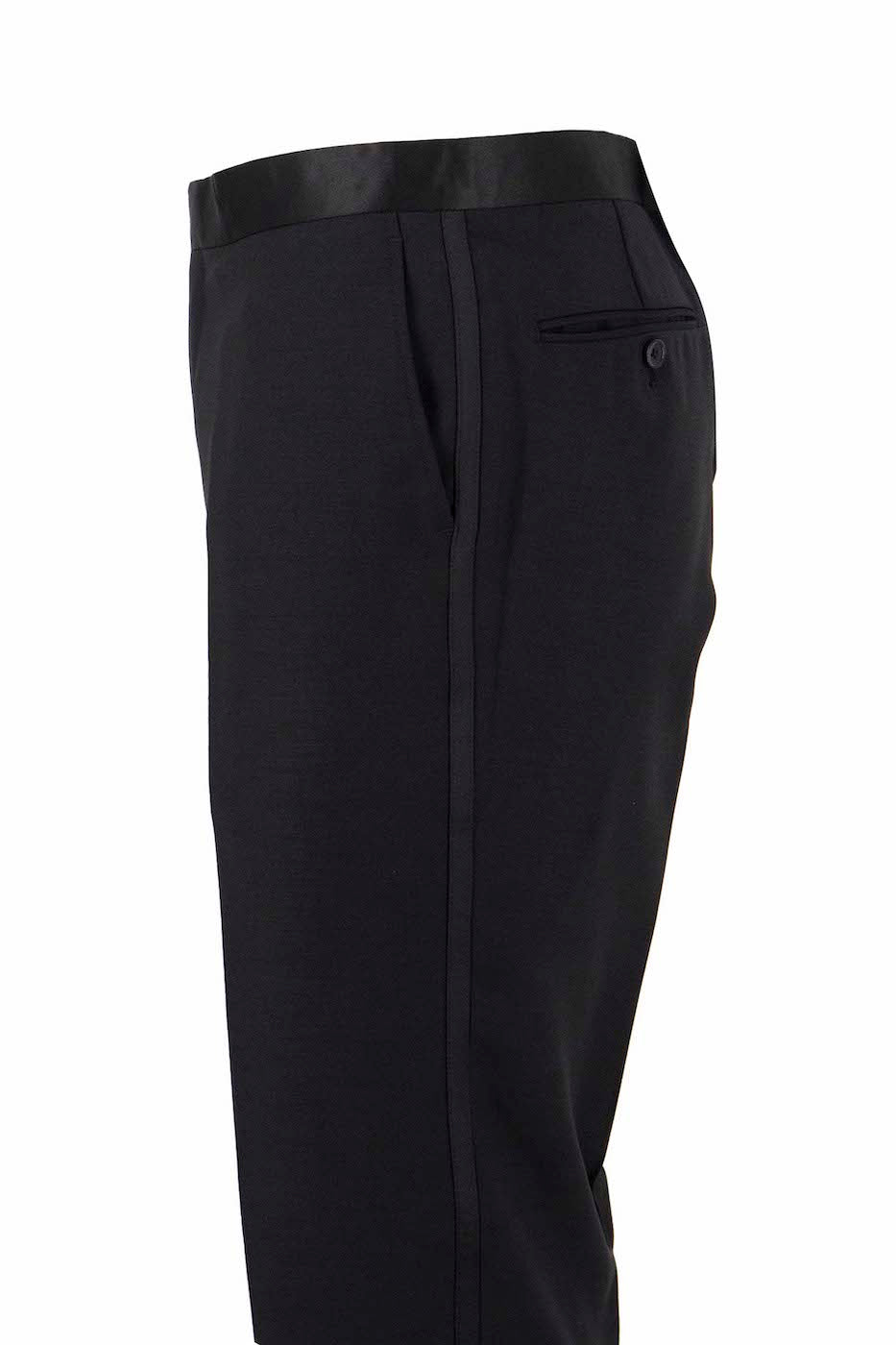 The Tiglio Luxe Santorini is a black, slim fit, double-breasted pure wool tuxedo (TIG1001) with satin peaked lapels, elegantly paired with a white dress shirt and light blue bow tie on display—a striking example of European fit men’s luxury by Tiglio Luxe.