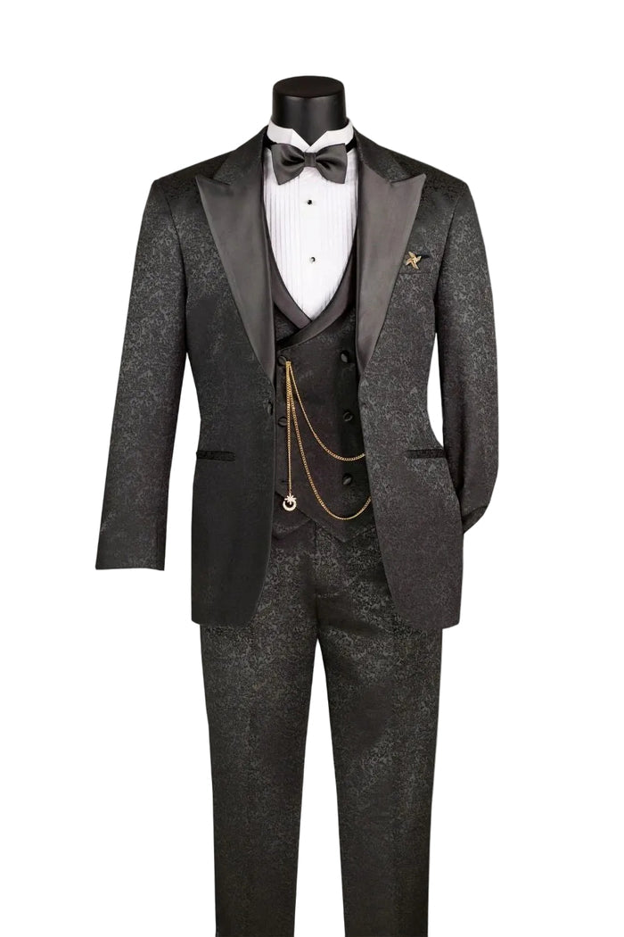 Slim Fit Black 3 Piece Jacquard Pattern Peak Lapel Tuxedo TVMF-2 by Vinci Suits shown with white dress shirt, black bow tie, gold chain, and vest on a mannequin against white background.