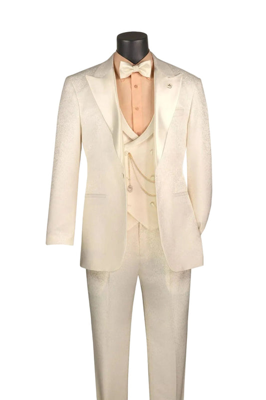 The Slim Fit Pearl 3 Piece Jacquard Pattern Peak Lapel Tuxedo TVMF-2 by Vinci Suits is shown with a white bow tie, peach shirt, vest, and gold pocket watch chain on a mannequin.