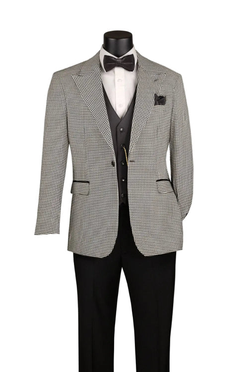 The mannequin wears the Modern Fit Black Houndstooth 3 Piece Tuxedo TVMHT-4 by Vinci Suits, ideal for formal events.