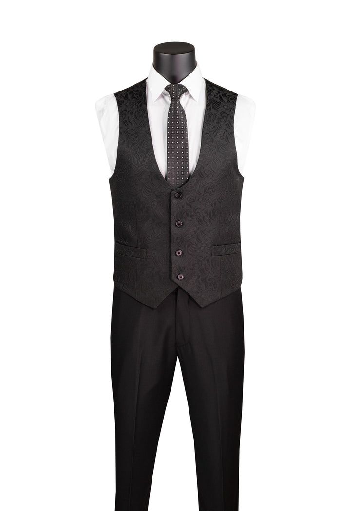 Vinci Suits Slim Fit 3 Piece Single Button Jacquard Fabric Tuxedo Black TVSJ-1 featuring a subtle jacquard pattern, satin shawl lapels, a white dress shirt, a dark polka-dot tie, and a white boutonniere.