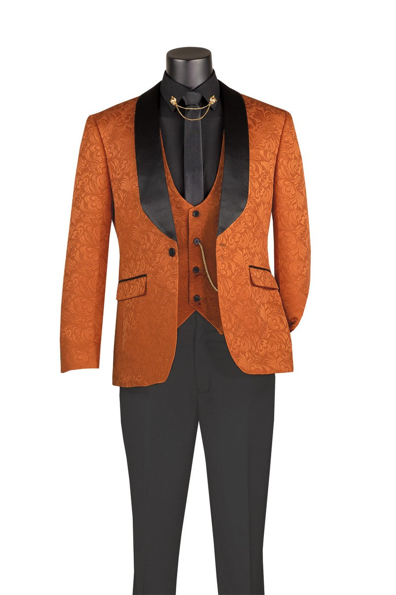 Mannequin wearing Vinci Suits’ Slim Fit Caramel Vested Jacquard Fabric 1 Button Fashion Tuxedo Style TVSJ-1 with a black shirt, gold chain, and slim fit tuxedo pants.