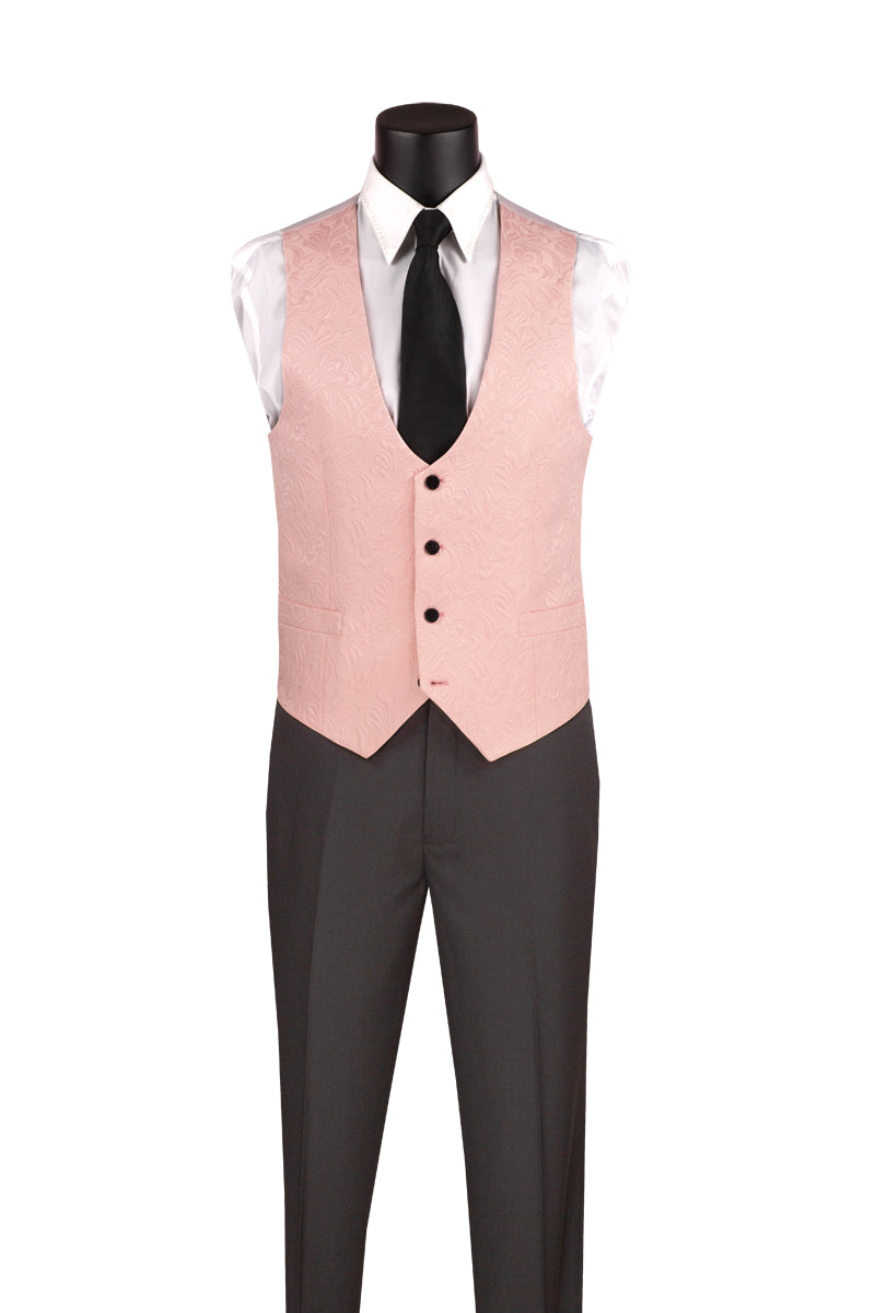 The Vinci Suits Slim Fit 3 Piece Single Button Jacquard Fabric Tuxedo Pink TVSJ-1 includes a pink tuxedo with a black satin lapel, white shirt, black tie, wrinkle-resistant black trousers, and is complemented by a matching pink vest and pocket square for a polished appearance.