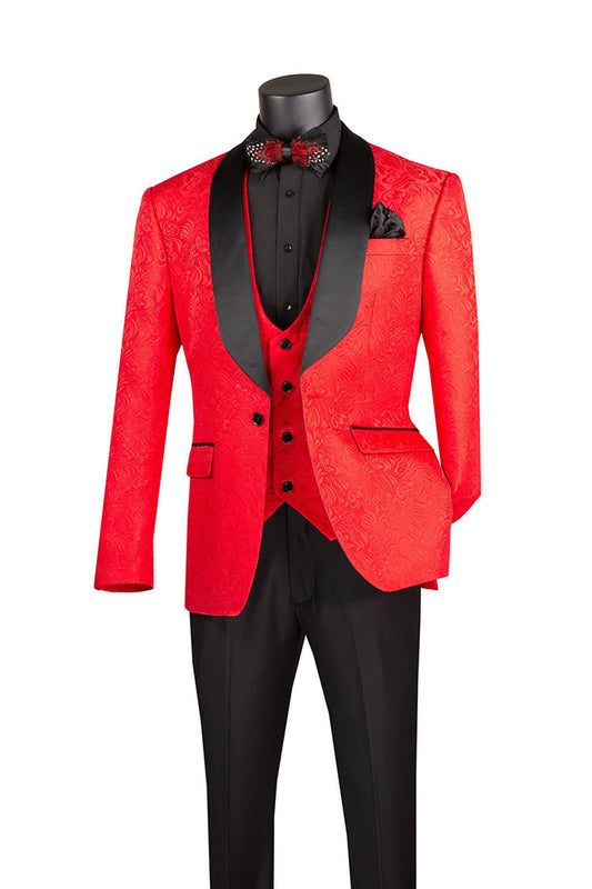 A Vinci Suits Slim Fit 3 Piece Single Button Jacquard Fabric Tuxedo Red TVSJ-1 on a mannequin, featuring a red patterned jacket with a black shawl collar, black waistcoat, black shirt, and a red bow tie.
