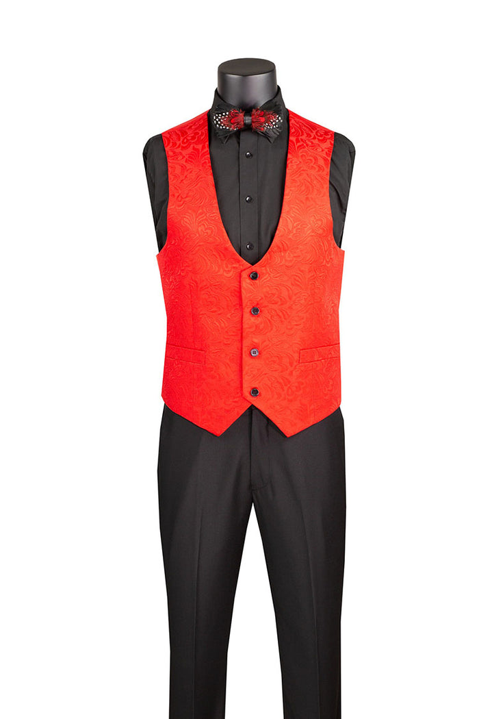 A Vinci Suits Slim Fit 3 Piece Single Button Jacquard Fabric Tuxedo Red TVSJ-1 on a mannequin, featuring a red patterned jacket with a black shawl collar, black waistcoat, black shirt, and a red bow tie.