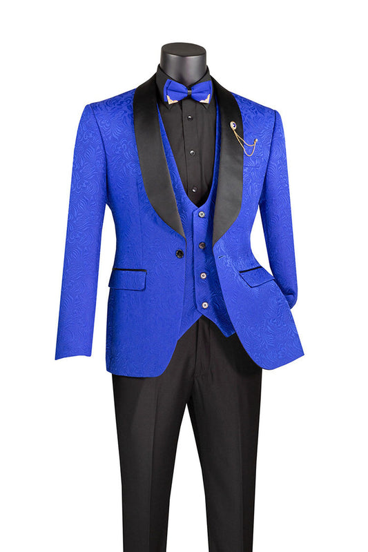 Vinci Suits Slim Fit 3 Piece Single Button Jacquard Fabric Tuxedo Royal TVSJ-1 in royal blue with black satin shawl lapels, a black shirt, and a matching bow tie.