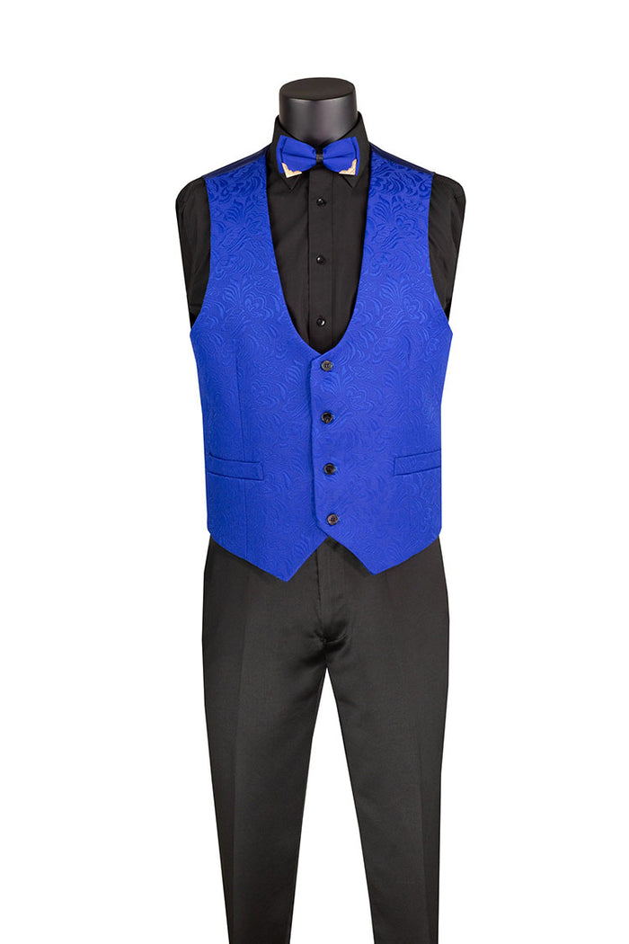 Vinci Suits Slim Fit 3 Piece Single Button Jacquard Fabric Tuxedo Royal TVSJ-1 in royal blue with black satin shawl lapels, a black shirt, and a matching bow tie.