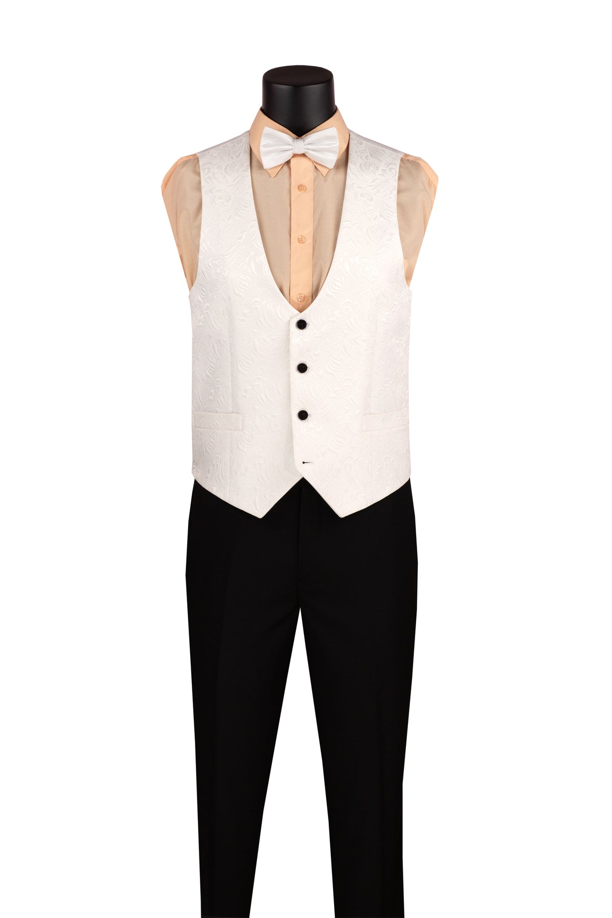 The Slim Fit 3 Piece Single Button Jacquard Fabric Tuxedo White TVSJ-1 from Vinci Suits, featuring a white jacket with black lapels, beige dress shirt, and grey waistcoat, pairs well with slim fit black trousers. A pink boutonniere and bow tie add elegance with wrinkle-resistant fabric for lasting sharpness.