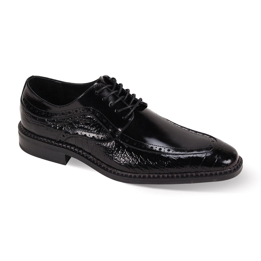 The Giovanni Terence by GIOVANNI is a black leather dress shoe featuring asymmetrical brogue detailing and a durable lace-up closure.