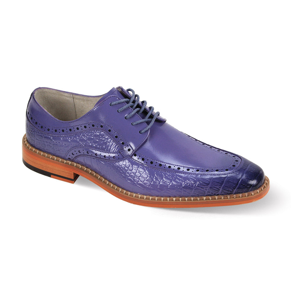 The Giovanni Terence Lavender Leather Shoes by GIOVANNI feature brogue detailing, a smooth leather upper with lace croco print accents, and a wooden sole.