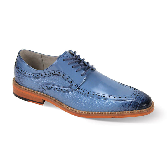 The Giovanni Terence Light Blue Leather Shoes by GIOVANNI are a single blue dress shoe made from smooth leather, featuring decorative perforations and a contrasting brown sole with Lace Croco print details and laces.