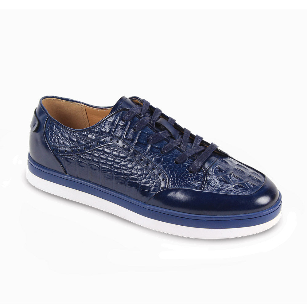 The GIOVANNI Giovanni Timo Cobalt Leather Sneakers feature a Croco Print texture, smooth leather upper, dark blue laces, and a white sole, displayed against a plain white background.