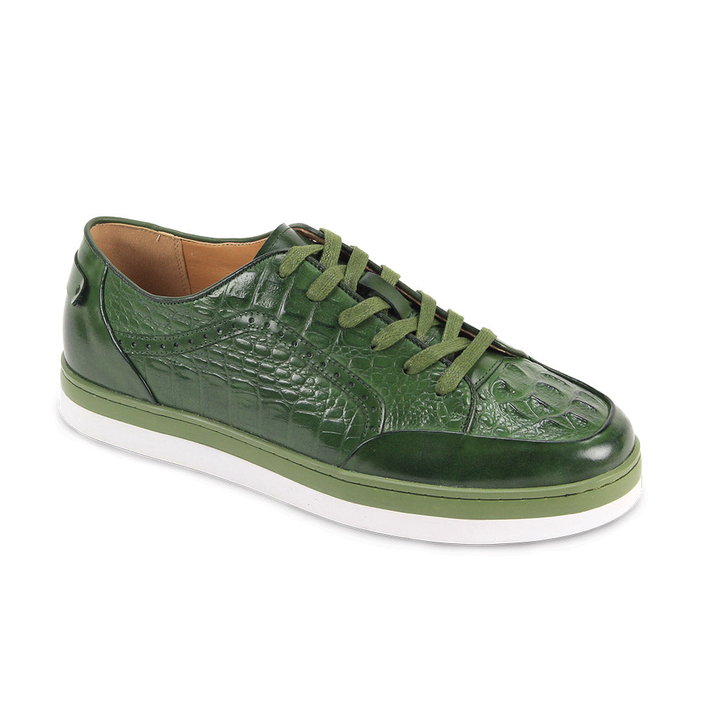 The GIOVANNI Giovanni Timo Green Leather Sneakers feature a croco print, smooth green leather upper, green laces, and a white rubber sole.