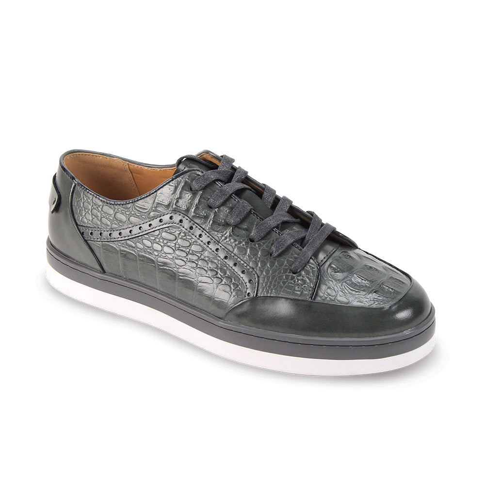 The Giovanni Timo Grey Leather Sneakers by GIOVANNI feature a gray croco print, black laces, a smooth leather upper, and a white rubber sole.
