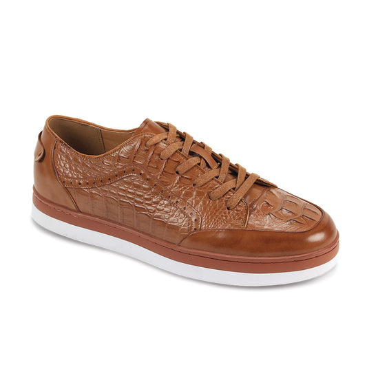 GIOVANNI Giovanni Timo Tan Leather Sneakers feature a textured leather upper with a crocodile-like pattern, smooth finish, white rubber sole, and matching tan laces.
