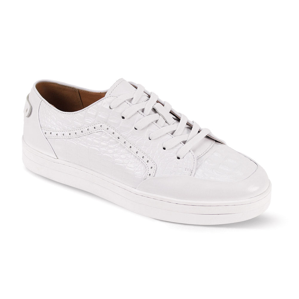 Giovanni Timo White Leather Sneakers by GIOVANNI feature a smooth leather build with a subtle croco print, white laces, textured pattern, and flat sole, all viewed from a slightly angled perspective.