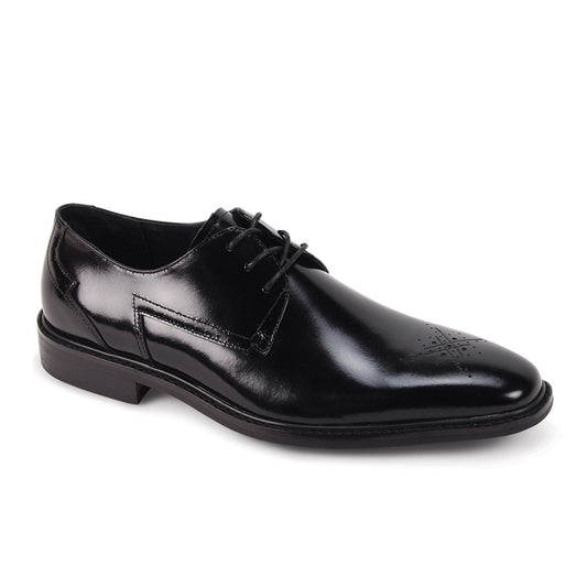 The GIOVANNI Giovanni Toby Black Leather Shoe features a lace closure, low heel, and subtle medallion toe perforation, shown from a slight angle.