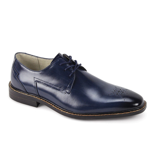The GIOVANNI Giovanni Toby Blue Leather Shoe features navy blue genuine leather, laces, decorative stitching, a medallion toe, and a low black heel, shown against a white background.