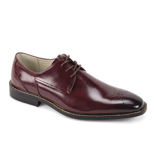 The GIOVANNI Giovanni Toby Burgundy Leather Shoe features a leather upper, laces, low heel, and decorative medallion stitching on the toe and sides.