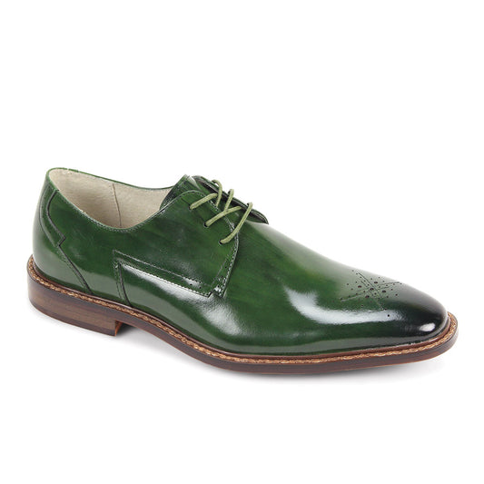The GIOVANNI Giovanni Toby Green Leather Shoes feature glossy green genuine leather, matching laces, a medallion toe with decorative perforations, and a brown sole.