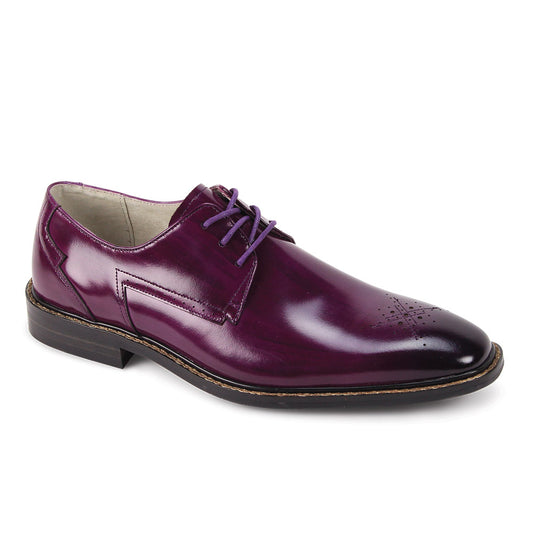 The GIOVANNI Giovanni Toby Purple Leather Shoes feature shiny purple genuine leather, purple laces, a low heel, and a decorative medallion toe.