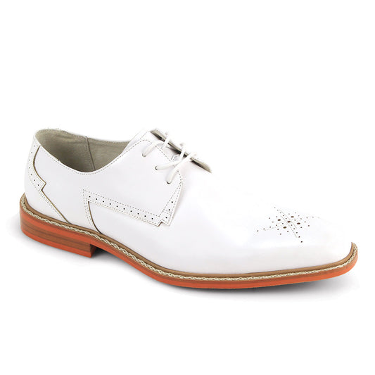 The GIOVANNI Giovanni Toby White Leather Shoes feature a lace-up design, medallion toe perforations, brown sole, and low heel, shown on a plain white background.