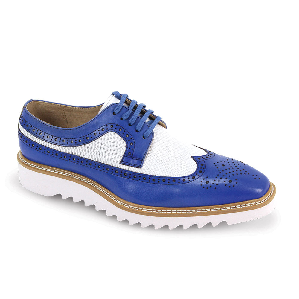 The GIOVANNI Giovanni Tone Blue/White Leather Shoes feature a wingtip oxford design with decorative perforations, blue laces, and a thick white serrated sole.