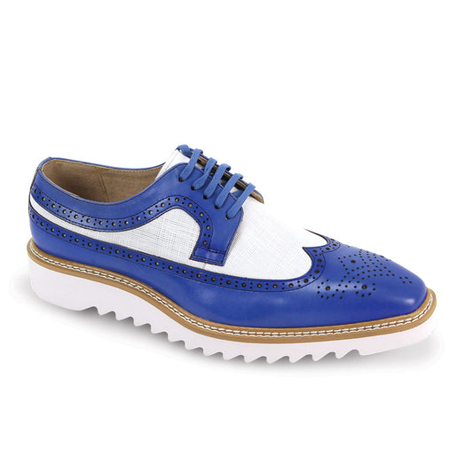 The GIOVANNI Giovanni Tone Blue/White Leather Shoes feature a wingtip oxford design with decorative perforations, blue laces, and a thick white serrated sole.