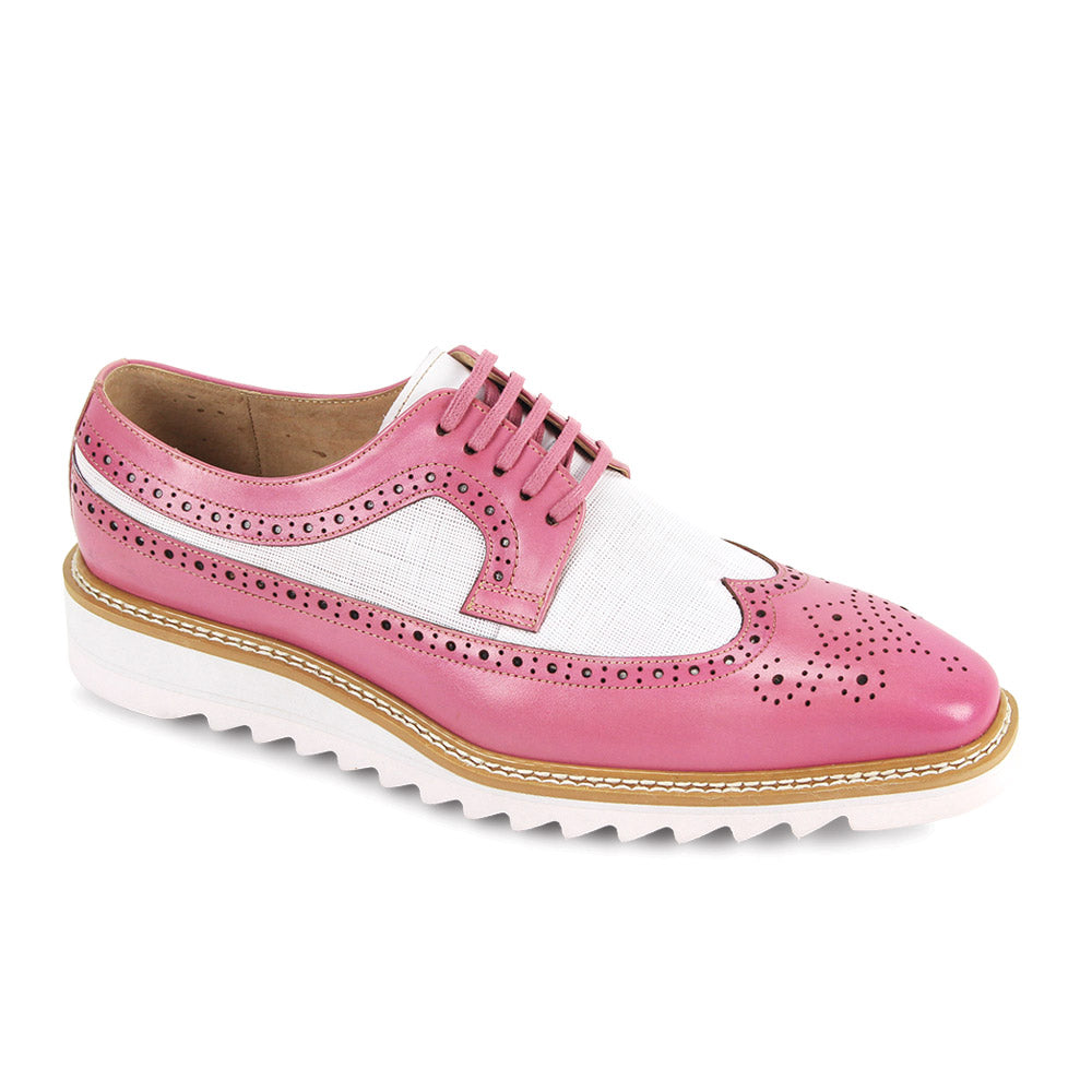 The GIOVANNI Giovanni Tone Pink/White Leather Shoes feature smooth leather in pink and white, classic brogue detailing, and a thick, ridged white sole.