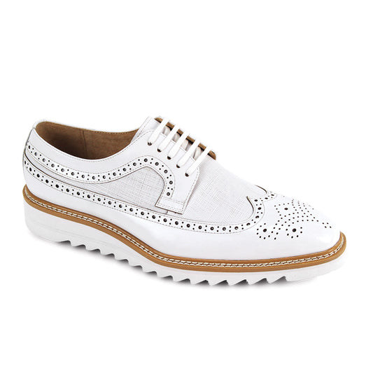 The Giovanni Tone White Leather Shoes by GIOVANNI feature smooth leather, decorative perforations, wingtip lace design, white laces, brown trim, and a thick white ridged sole, displayed at a slight angle on a plain background.