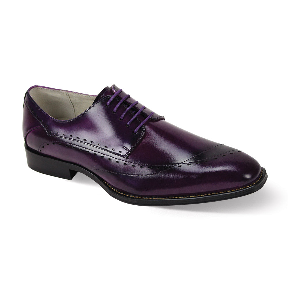 The Giovanni Triston Purple Leather Shoes by GIOVANNI are polished oxford shoes with asymmetrical stitch detailing, decorative perforations, and black laces.