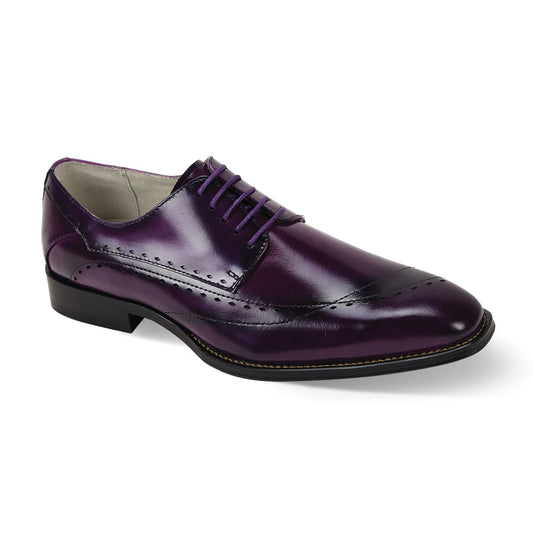The Giovanni Triston Purple Leather Shoes by GIOVANNI are polished oxford shoes with asymmetrical stitch detailing, decorative perforations, and black laces.
