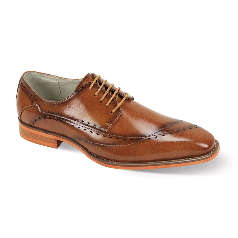 The Giovanni Triston Tan Leather Shoes by GIOVANNI have asymmetrical decorative perforations, a lace-up design, and a classic wooden sole.
